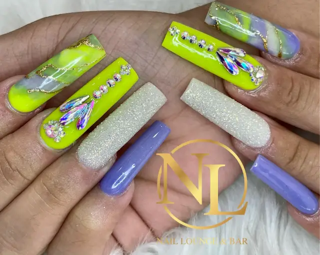 Bright lime, lavender, and crystal nail art